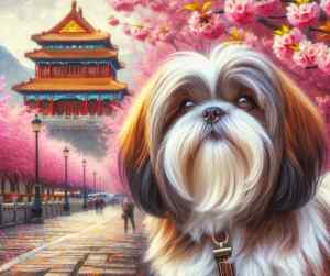 Well groomed shih tzu dog painting in imperial china in front of cherry blossom trees and imperial palace