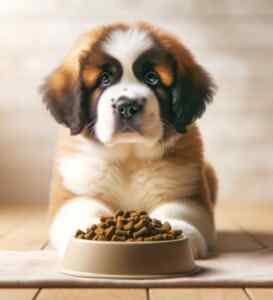St bernard puppy in front of dog dish filled with kibble