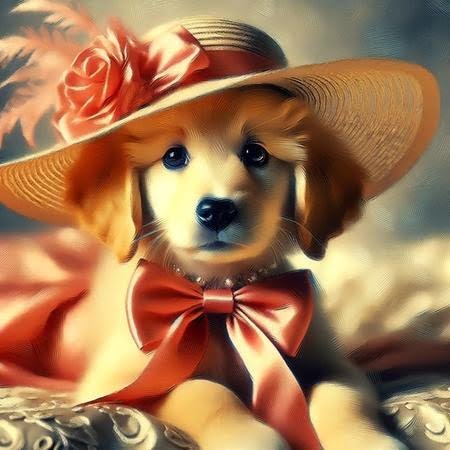 Female posh dog wearing satin ribbons and wide brimmed hat.
