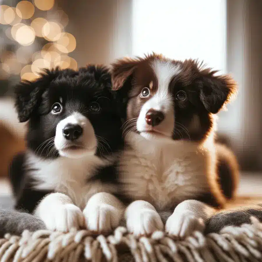 DALL·E 2024-03-24 19.00.43 - An image of two Border Collie puppies lying side by side on a soft, fluffy blanket indoors. One puppy is black and white, while the other is brown and white.