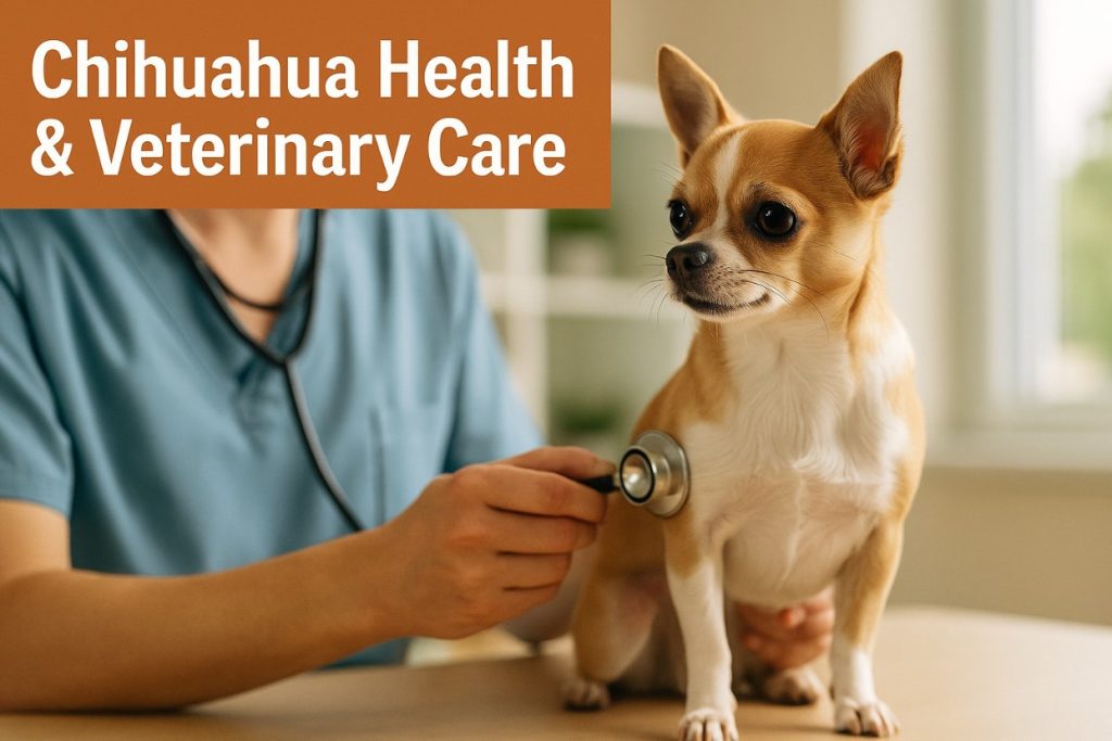 Chihuahua health and veterinary care banner shows a chihuahua being examined by a vet with a stethoscope.