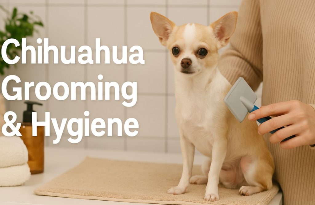 Chihuahua grooming and hygiene banner shows a fawn chihuahua being brushed.