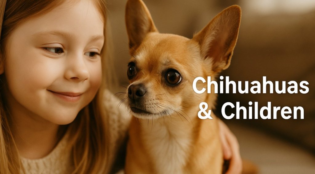 Chihuahuas and children banner shows a young child sitting close to a chihuahua