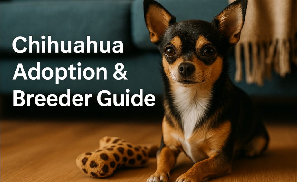 Chihuahua adoption and breeder guide banner shows a tri color chihuahua sitting on the floor beside a stuffed toy.