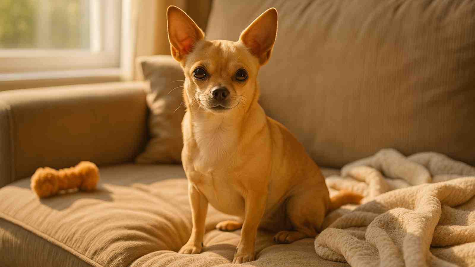 Photo of a chihuahua sitting on a sofa
