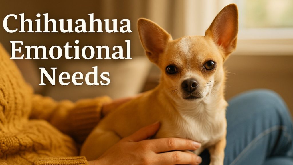 Chihuahua emotional needs banner showing a chihuahua perched on an owners lap.