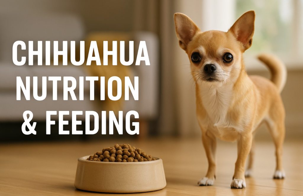 Chihuahua nutrition and feeding banner, showing a chihuahua standing beside a bowl of dog kibble.