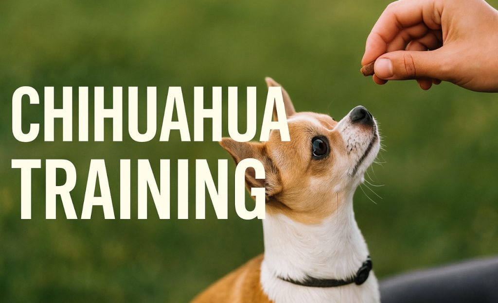 Chihuahua training banner showing a chihuahua being offered a treat.