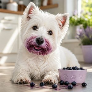 Westie eating blueberries