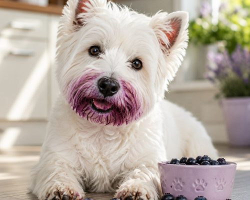 Westie eating blueberries