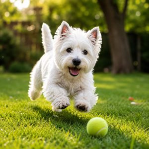 West island white terrier chasing a ball