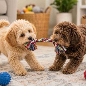 2 maltipoos playing tug o war