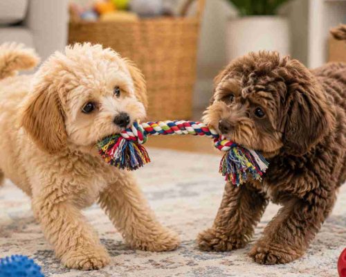 2 maltipoos playing tug o war