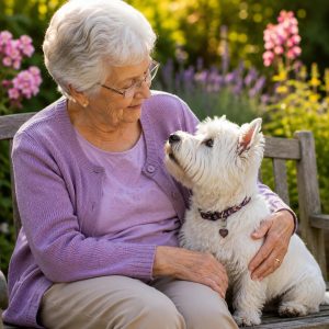 West highland white terrier cuddles senior owner