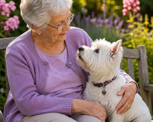 Westie cuddles senior owner