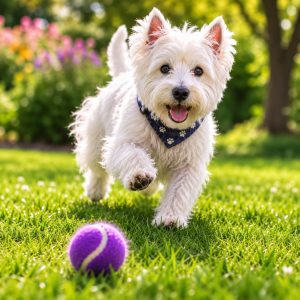 Westie playing with a purple ball