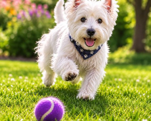Westie playing with a purple ball