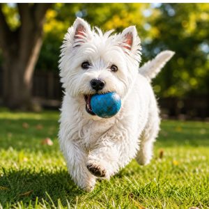 Westie with blue ball