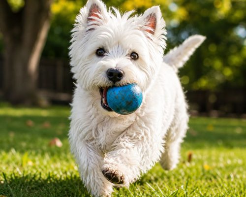 Westie with blue ball