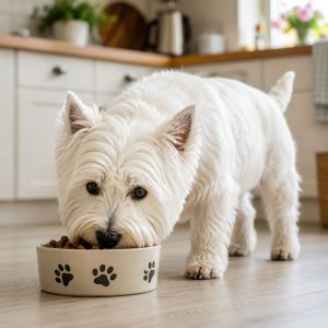 Westie eating kibble