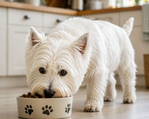 Westie eating kibble