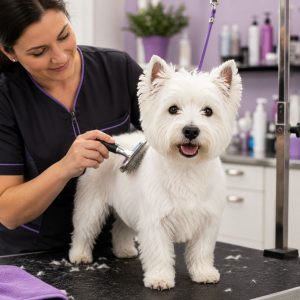 Westie being groomed