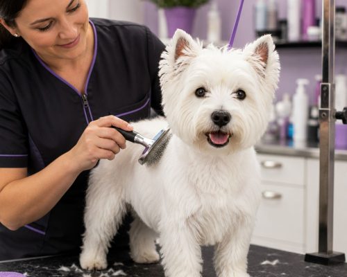 Westie being groomed