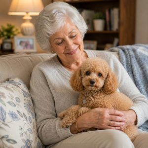 Toy poodle and senior cuddling on the couch