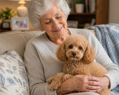 Toy poodle and senior cuddling on the couch