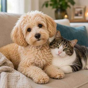 Maltipoo and cat