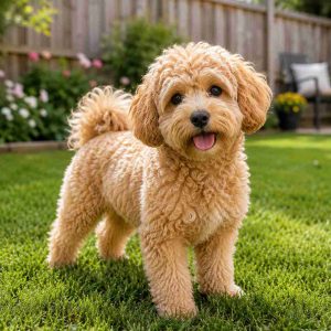 Apricot maltipoo stanfing on grass
