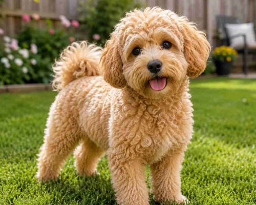 Apricot maltipoo stanfing on grass