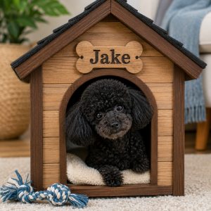 Black toy poodle in a toy doghouse