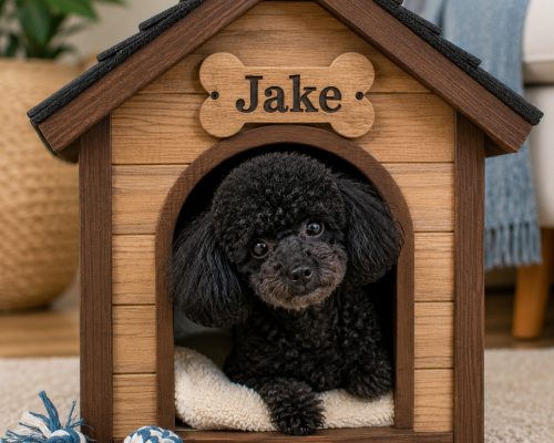 Black toy poodle in a toy doghouse