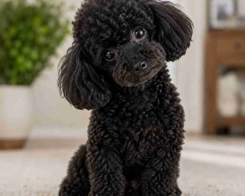 Toy poodle with quizzical expression on face