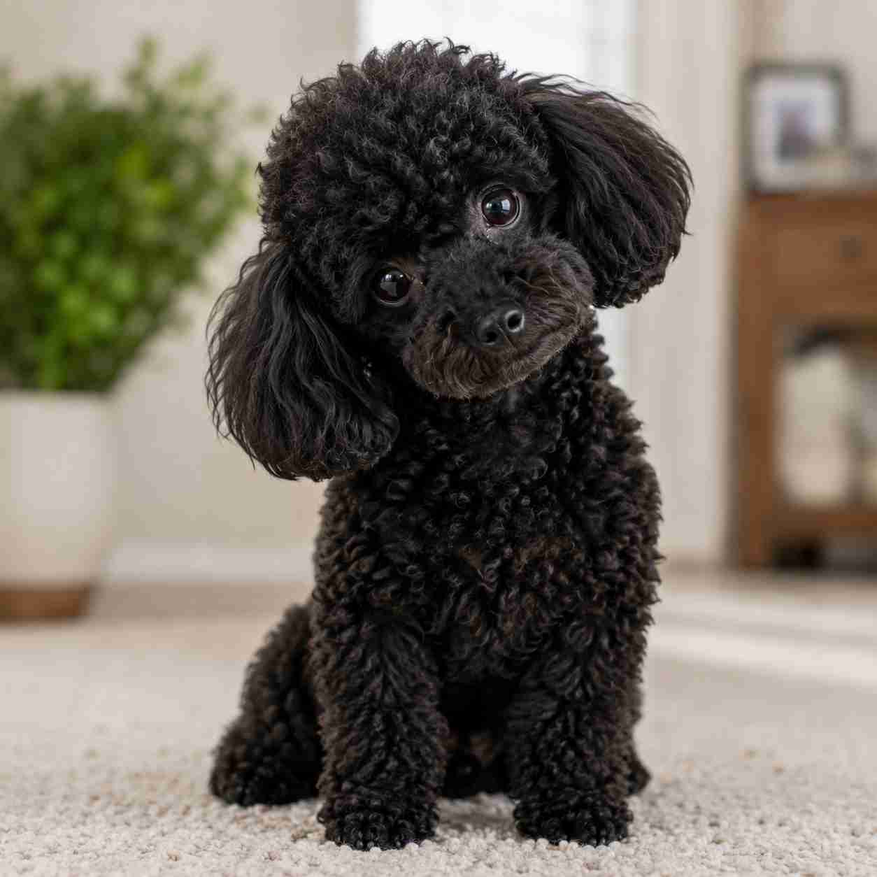 Toy poodle with quizzical expression on face