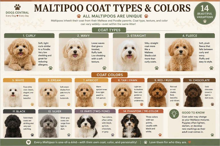 Maltipoo coat types and colors infographic showing curly, wavy and straight coats along with common Maltipoo coat colors