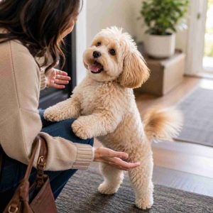 Maltipoo greeting a guest excitedly.