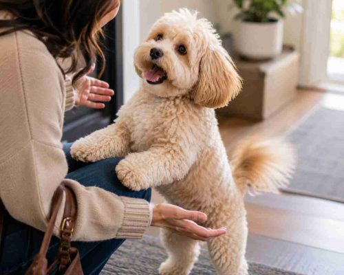 Maltipoo greeting a guest excitedly.