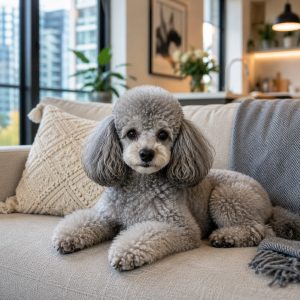 Toy poodle sitting comfortably in an apartment living room.