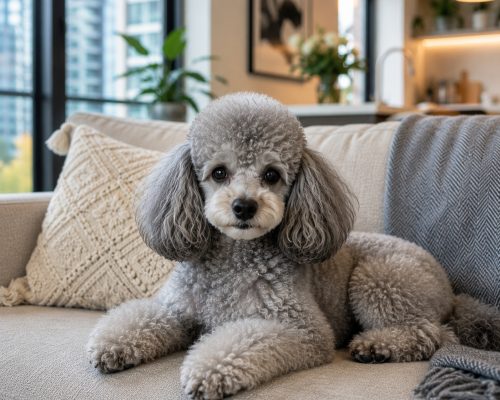 Toy poodle sitting comfortably in an apartment living room.
