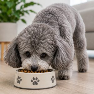 Gray toy poodle,. Eating kibble from a bowl.