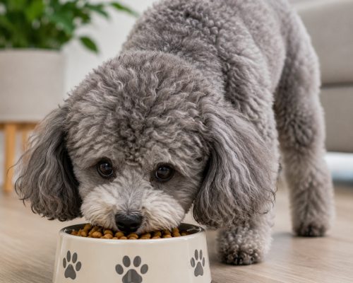 Gray toy poodle,. Eating kibble from a bowl.