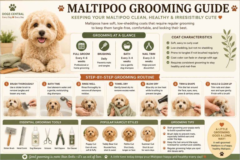 Maltipoo grooming infographic covering brushing, bathing, coat care, nail trimming, ear cleaning and dental care