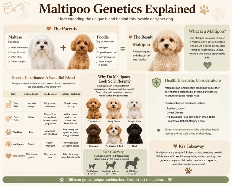Maltipoo Genetics Explained infographic showing how Maltese and Poodle genetics combine to influence coat type, color, size, temperament, and inherited traits.