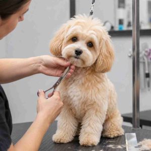 Maltipoo being groomed.