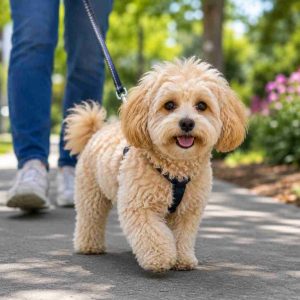 Maltipoo going for a walk.