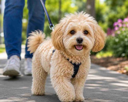 Maltipoo going for a walk.