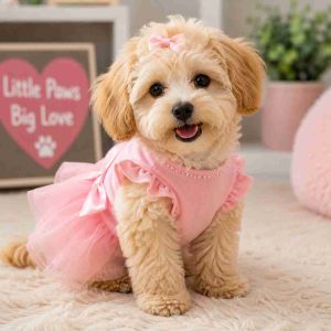 Maltipoo wearing a pink dress.