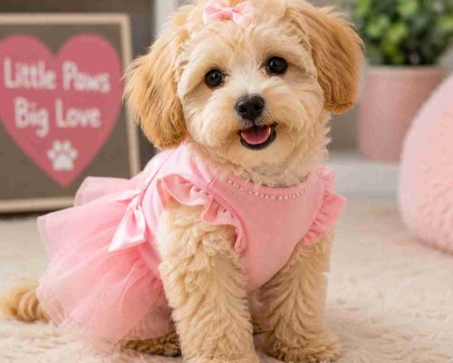 Maltipoo wearing a pink dress.